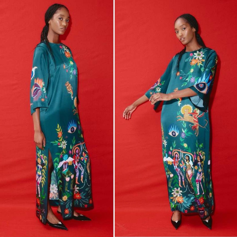 Alemais Agatha Printed Graphic Maxi Midi Slit Belted Dark Green Dress size US 6 - Picture 3 of 15